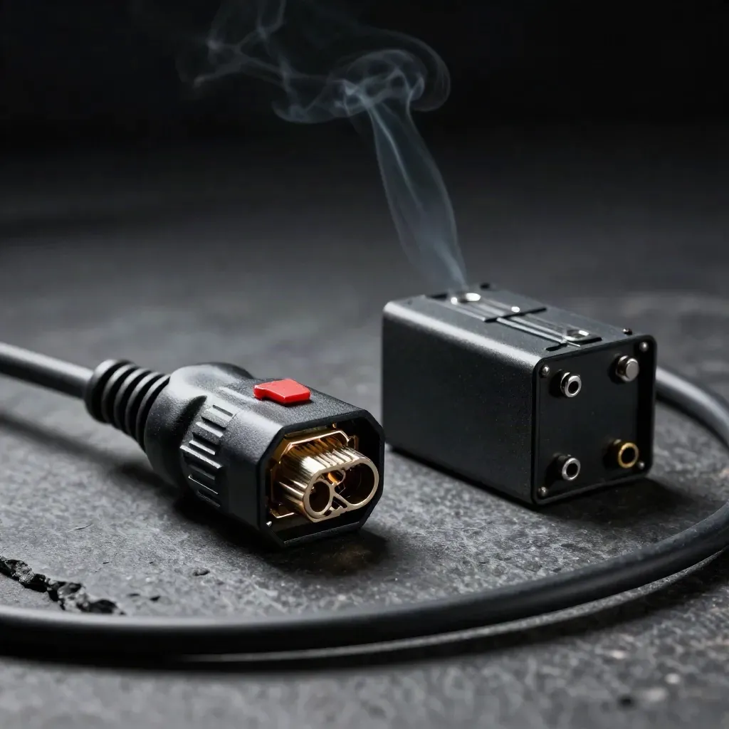 OBD-II connector, fused adapter and relay cube on dark stone with smoky hard light