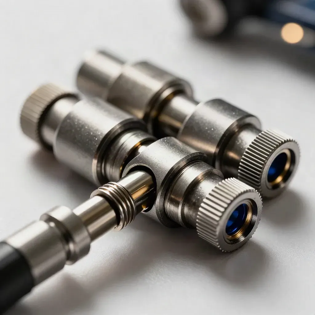 Macro of linked metal connectors and a telescoping coupler on dark brushed steel